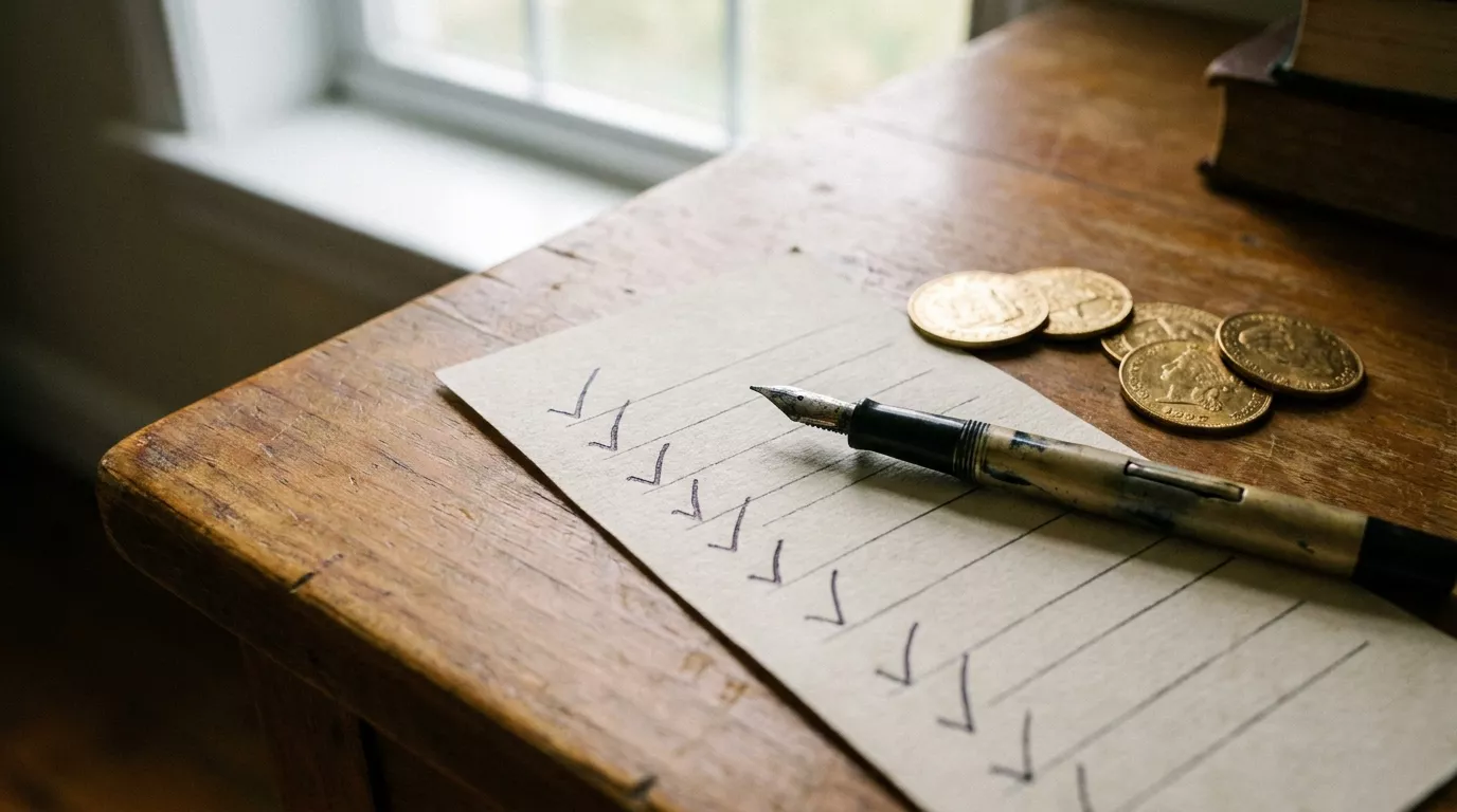A dealer-verification checklist laid beside gold coins